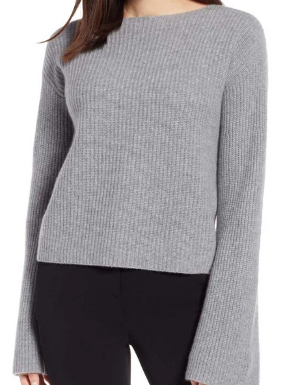 Halogen 100% Cashmere Ribbed Bell Sleeve Boatneck Sweater Grey Heather Small